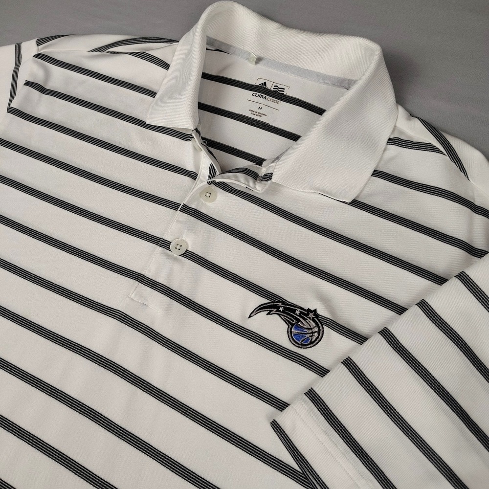 Adidas Orlando Magic Polo Shirt Mens M White Black ClimaCool NBA Golf Striped